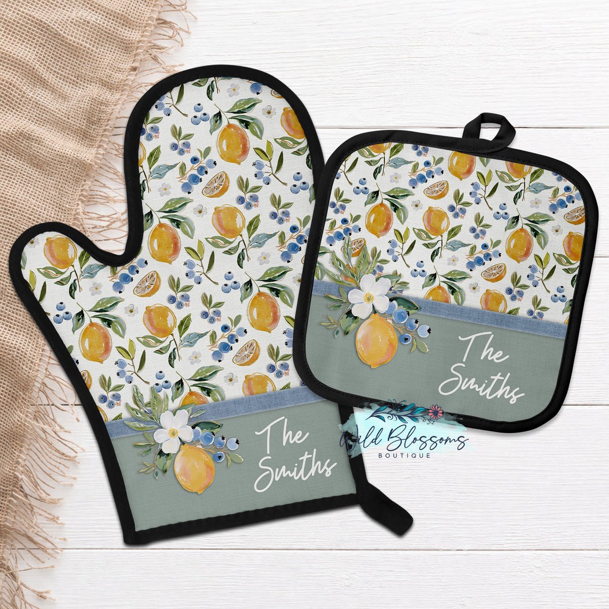 Lemon Blueberry Personalized Oven Mitt & Pot Holder Set