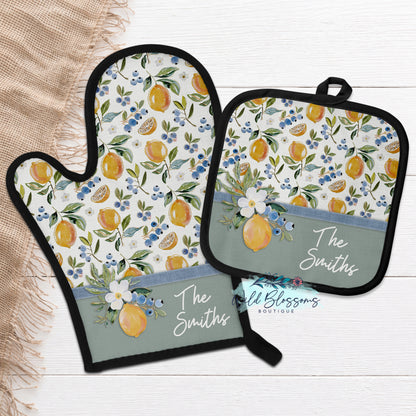 Lemon Blueberry Personalized Oven Mitt & Pot Holder Set