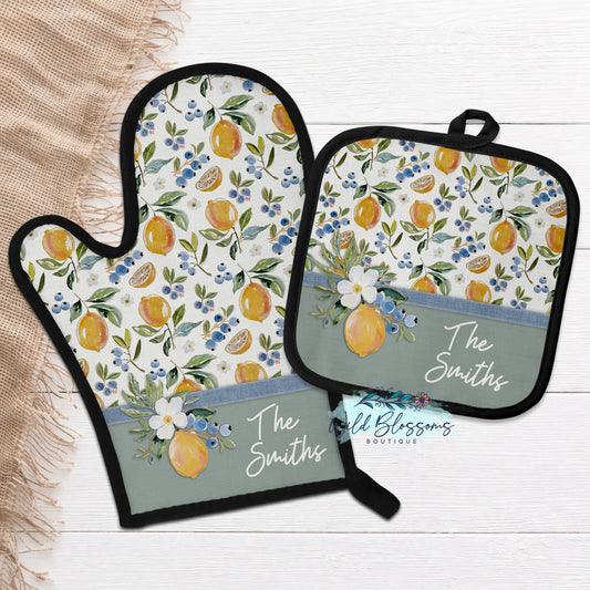 Lemon Blueberry Personalized Oven Mitt & Pot Holder Set