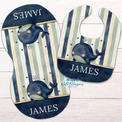 Little Blue Whale Personalized Baby Bib & Burp Cloth Set