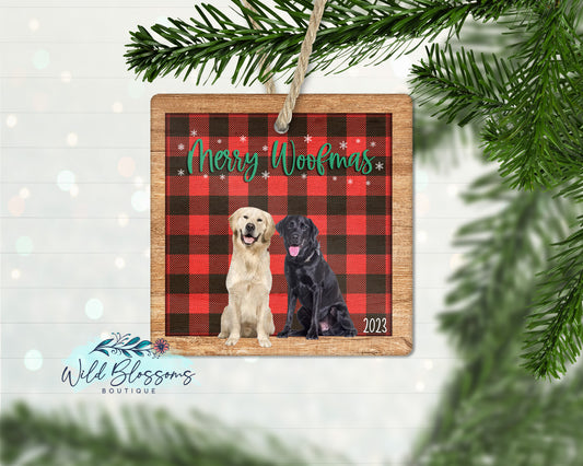 Merry Woofmas Buffalo Plaid Wooden Frame Photo Ornament