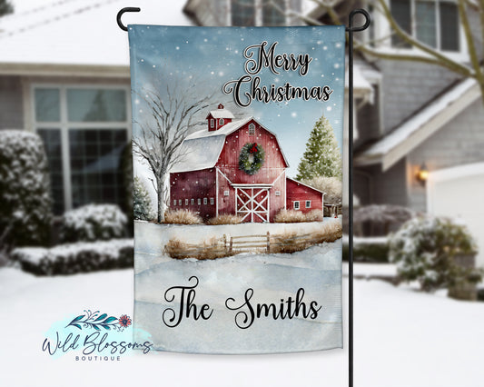 Merry Christmas Rustic Red Barn Personalized Garden Flag