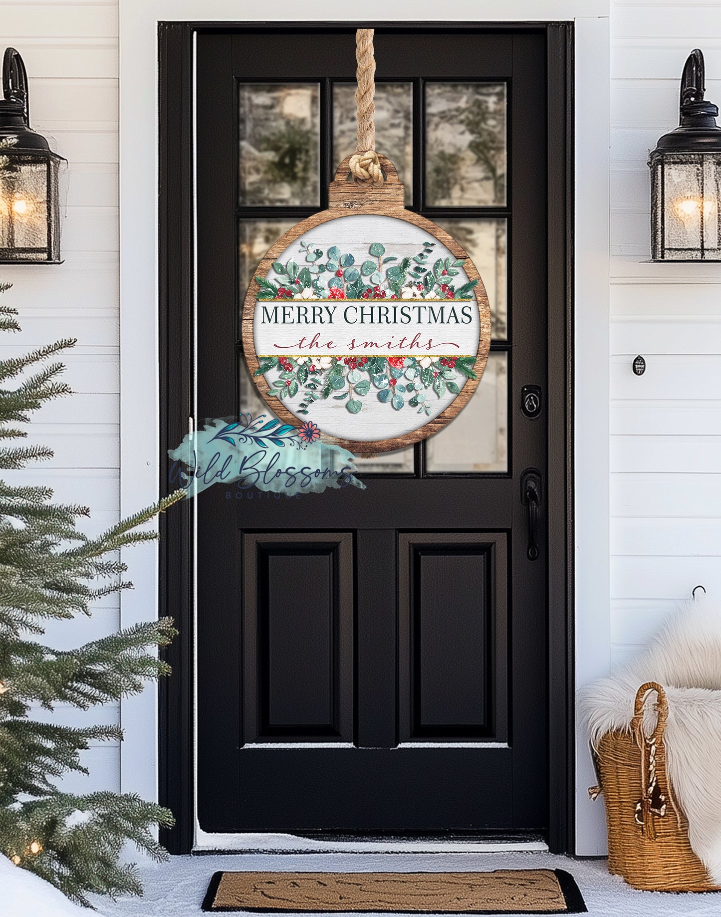 Merry Christmas Floral Frame Personalized Ball Ornament Door Hanger