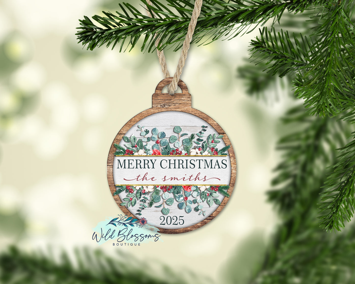Merry Christmas Floral Frame Christmas Ball Personalized Ornament
