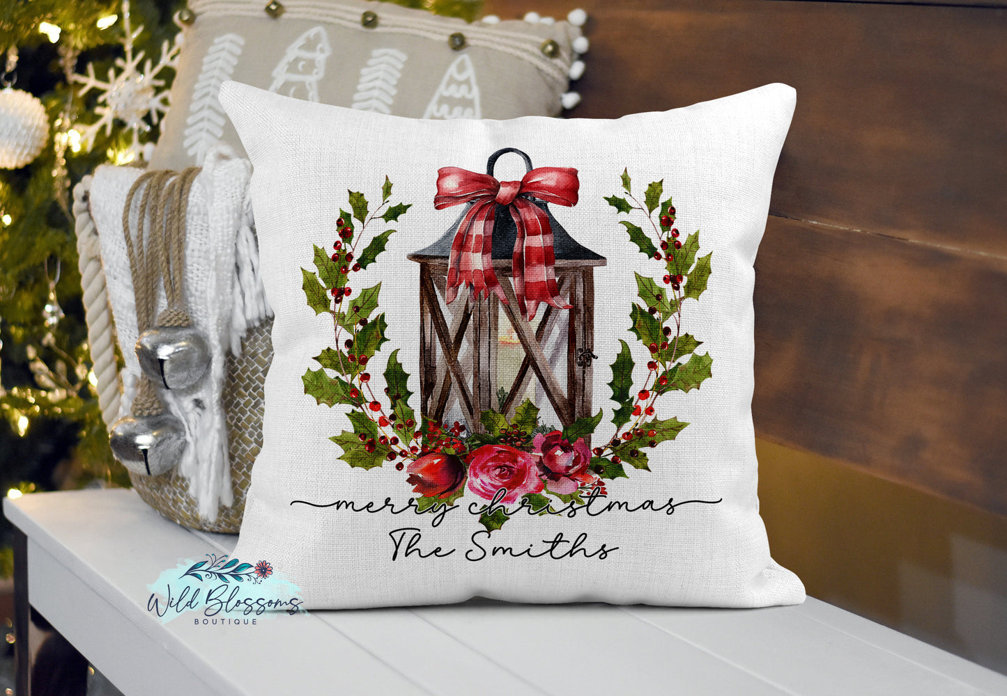 Merry Christmas Rustic Lantern Holly Berry Floral Wreath Personalized Pillow Cover