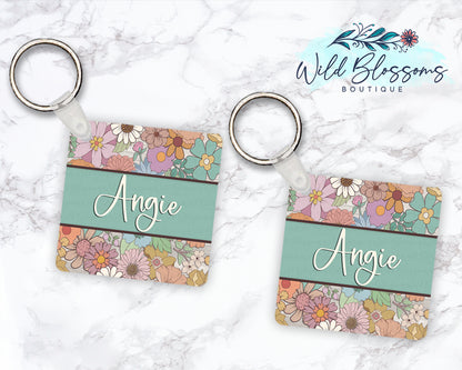 Floral Mums And Daises Personalized Round or Square Keychain