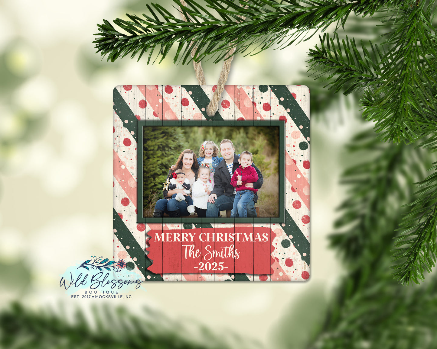 Pink Striped and Polka Dot Personalized Photo Ornament