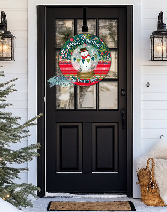 Merry Christmas Whimsy Snowman Personalized Round Door Hanger