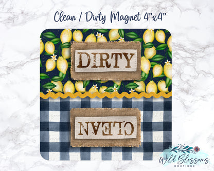 Navy Buffalo Plaid Lemon Farmhouse Clean / Dirty Dishwasher Magnet