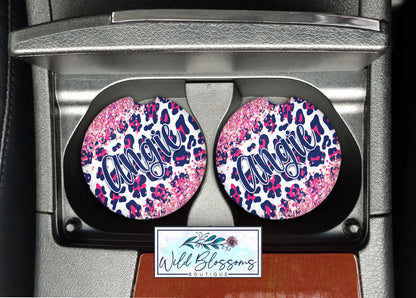 Navy And Hot Pink Leopard Print Glitter Look Personalized Car Coasters