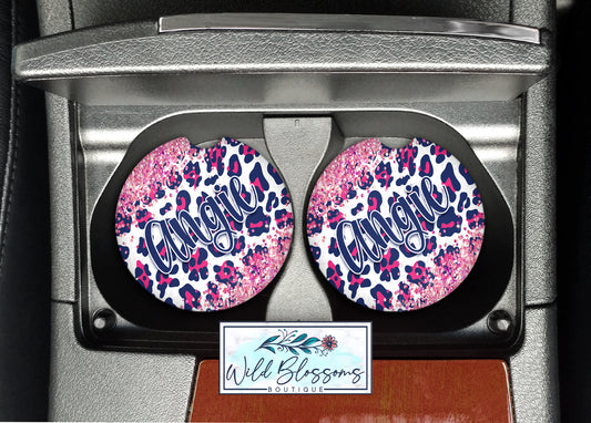 Navy And Hot Pink Leopard Print Glitter Look Personalized Car Coasters