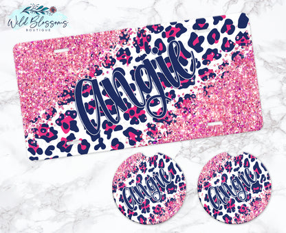 Navy And Hot Pink Leopard Print Glitter Look Personalized Car Coasters