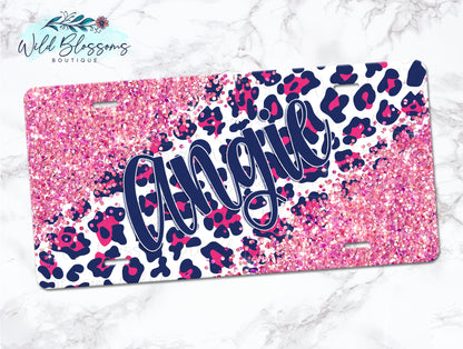 Navy And Hot Pink Leopard Print Glitter Look Personalized License Plate