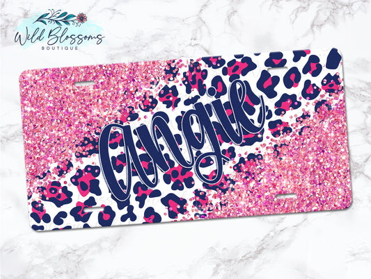 Navy And Hot Pink Leopard Print Glitter Look Personalized License Plate