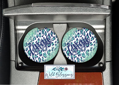 Navy And Mint Leopard Print Glitter Look Personalized Car Coasters