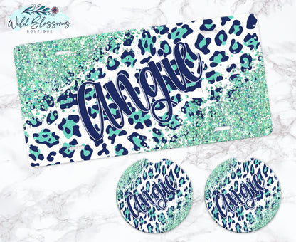 Navy And Mint Leopard Print Glitter Look Personalized Car Coasters