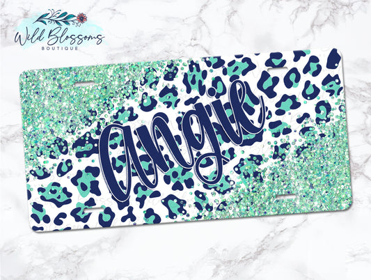Navy And Mint Leopard Print Glitter Look Personalized License Plate