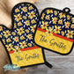 Navy and Yellow Daisy Floral Personalized Pot Holder And Oven Mitt