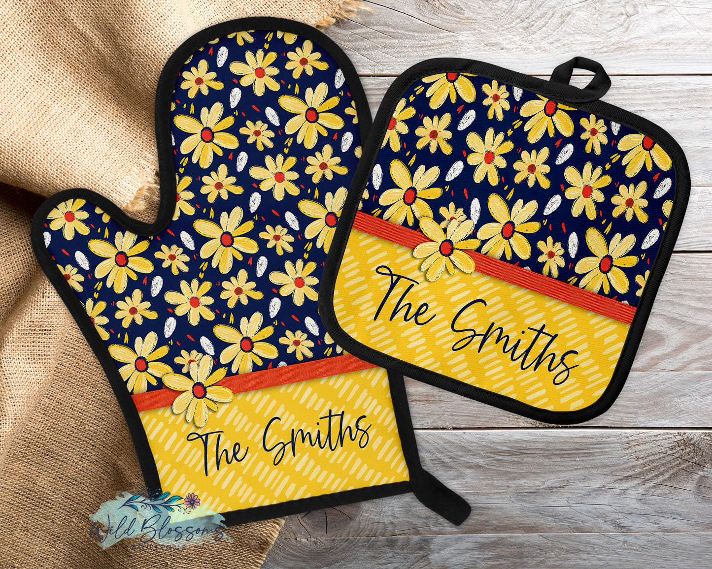Navy and Yellow Daisy Floral Personalized Pot Holder And Oven Mitt