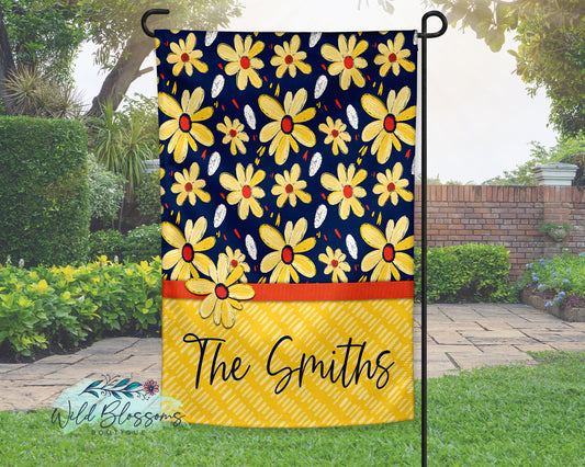 Navy and Yellow Daisy Floral Personalized Garden Flag
