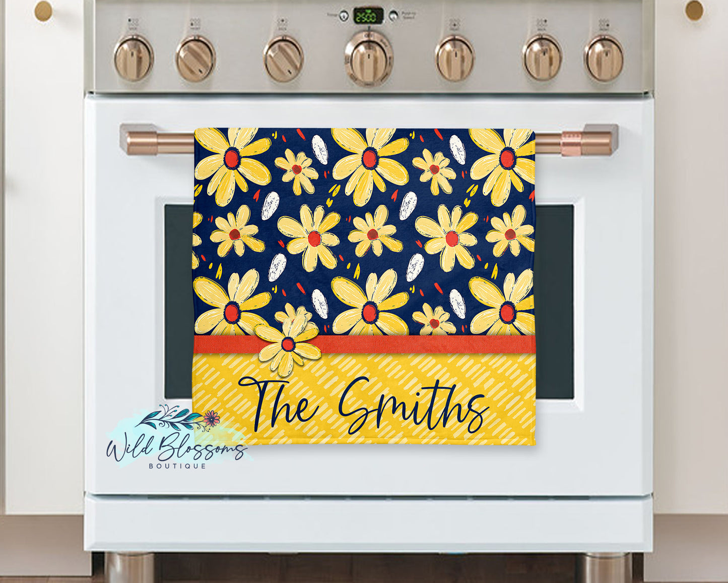 Navy and Yellow Daisy Floral Personalized Kitchen Towel
