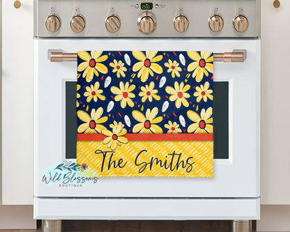 Navy and Yellow Daisy Floral Personalized Pot Holder And Oven Mitt
