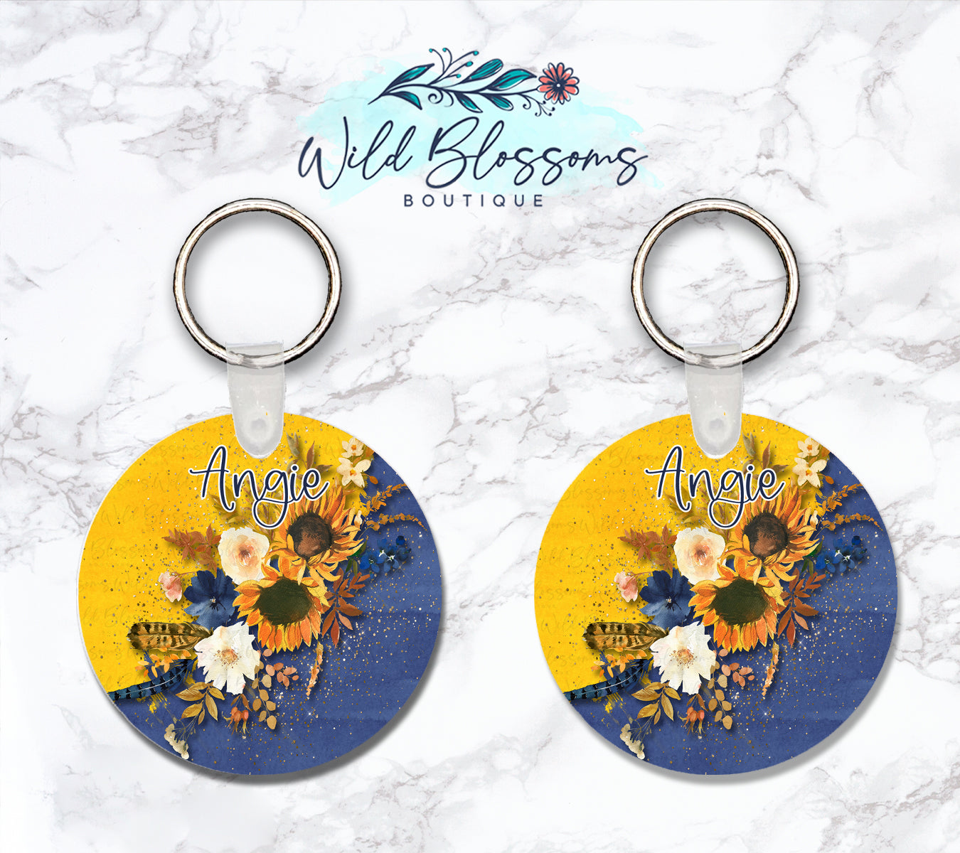 Navy And Yellow Sunflower Floral Personalized Round or Square Keychain