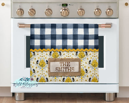 Navy Buffalo Plaid Farmhouse Bee Glass Cutting Board