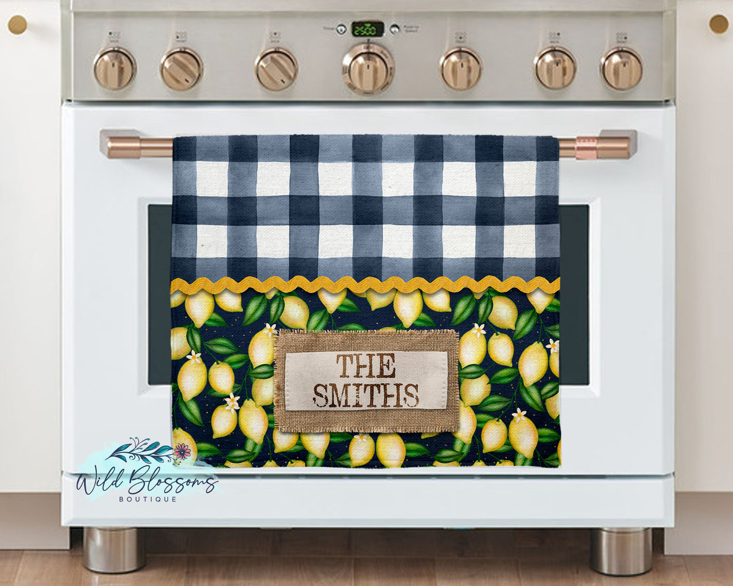 Navy Lemon Farmhouse Personalized Pot Holder And Oven Mitt