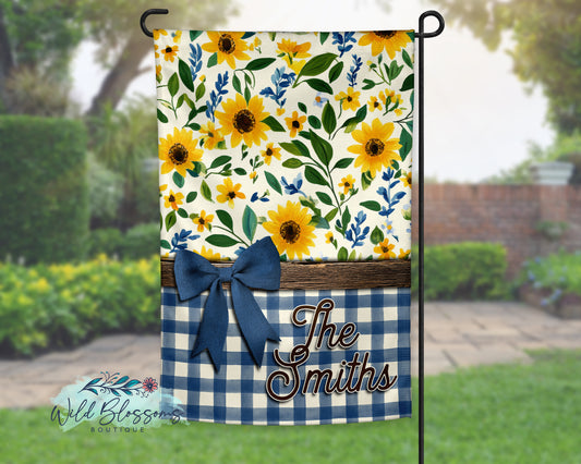 Navy Buffalo Plaid Sunflower Personalized Garden Flag