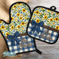 Navy Buffalo Plaid Sunflower Floral Personalized Pot Holder And Oven Mitt
