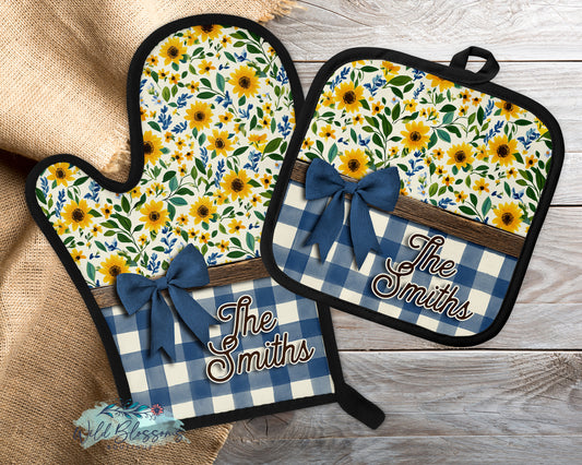 Navy Buffalo Plaid Sunflower Floral Personalized Pot Holder And Oven Mitt