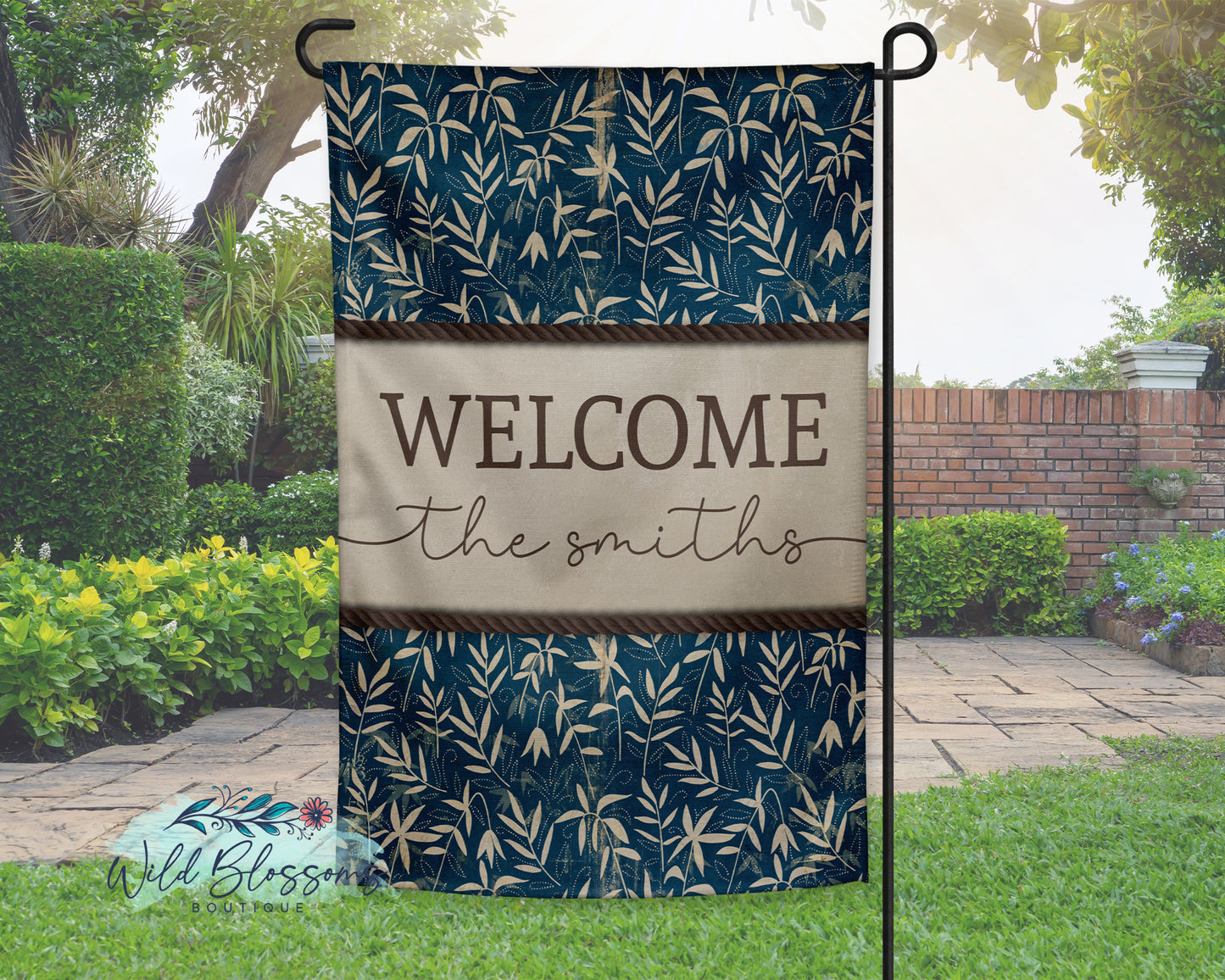Navy Botanical Welcome Personalized Garden Flag