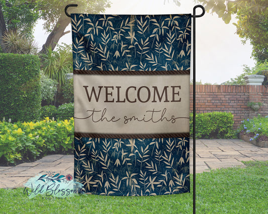 Navy Botanical Welcome Personalized Garden Flag