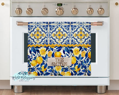 Navy Blue Lemon Tile Personalized Glass Cutting Board