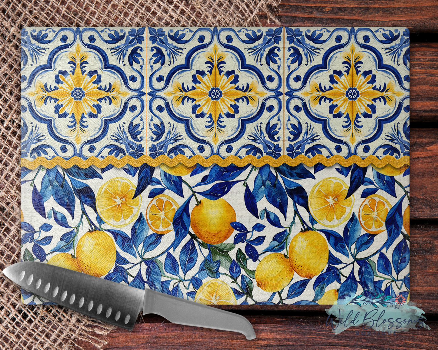 Navy Blue Lemon Tile Personalized Glass Cutting Board