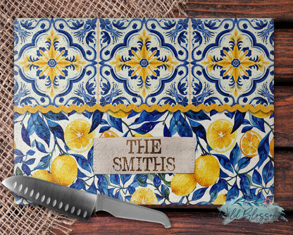 Navy Blue Lemon Tile Personalized Glass Cutting Board