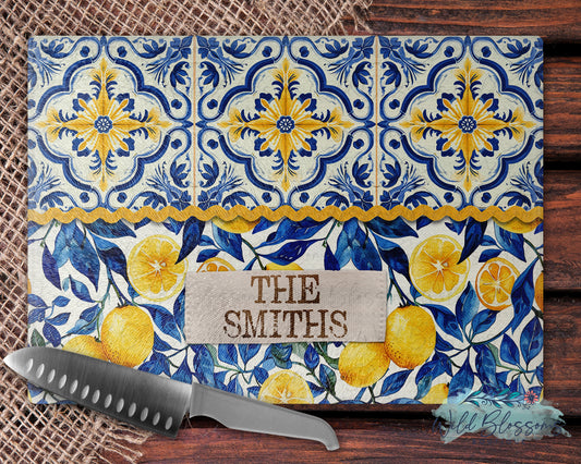 Navy Blue Lemon Tile Personalized Glass Cutting Board