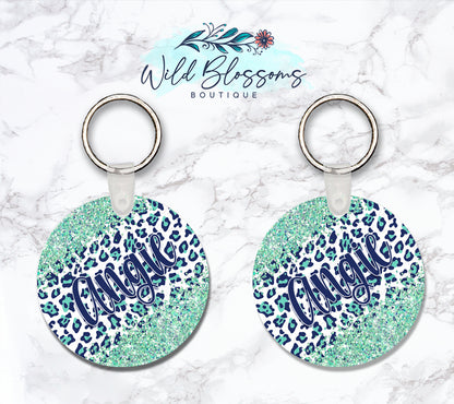Navy And Mint Leopard Print Glitter Look Personalized Round or Square Keychain