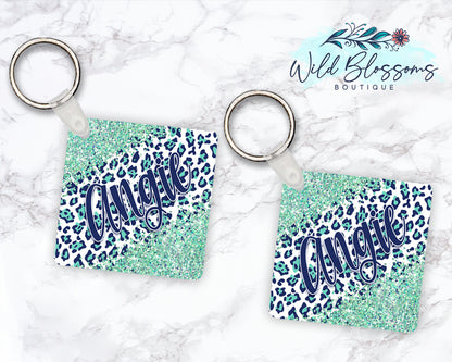 Navy And Mint Leopard Print Glitter Look Personalized Round or Square Keychain