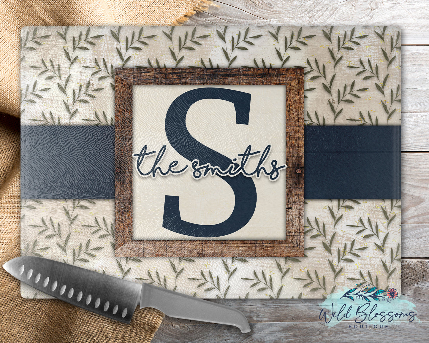 Navy Rustic Greenery Family Name Personalized Glass Cutting Board