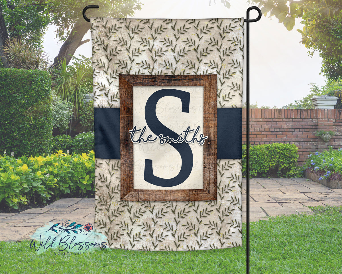 Navy Rustic Greenery Family Name Personalized Garden Flag