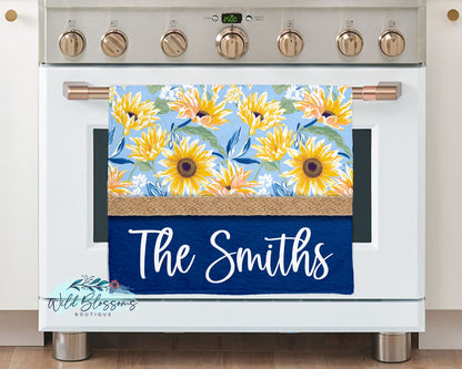 Navy Sunflower Floral Personalized Kitchen Towel