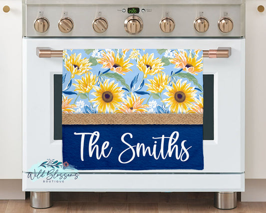 Navy Sunflower Floral Personalized Kitchen Towel