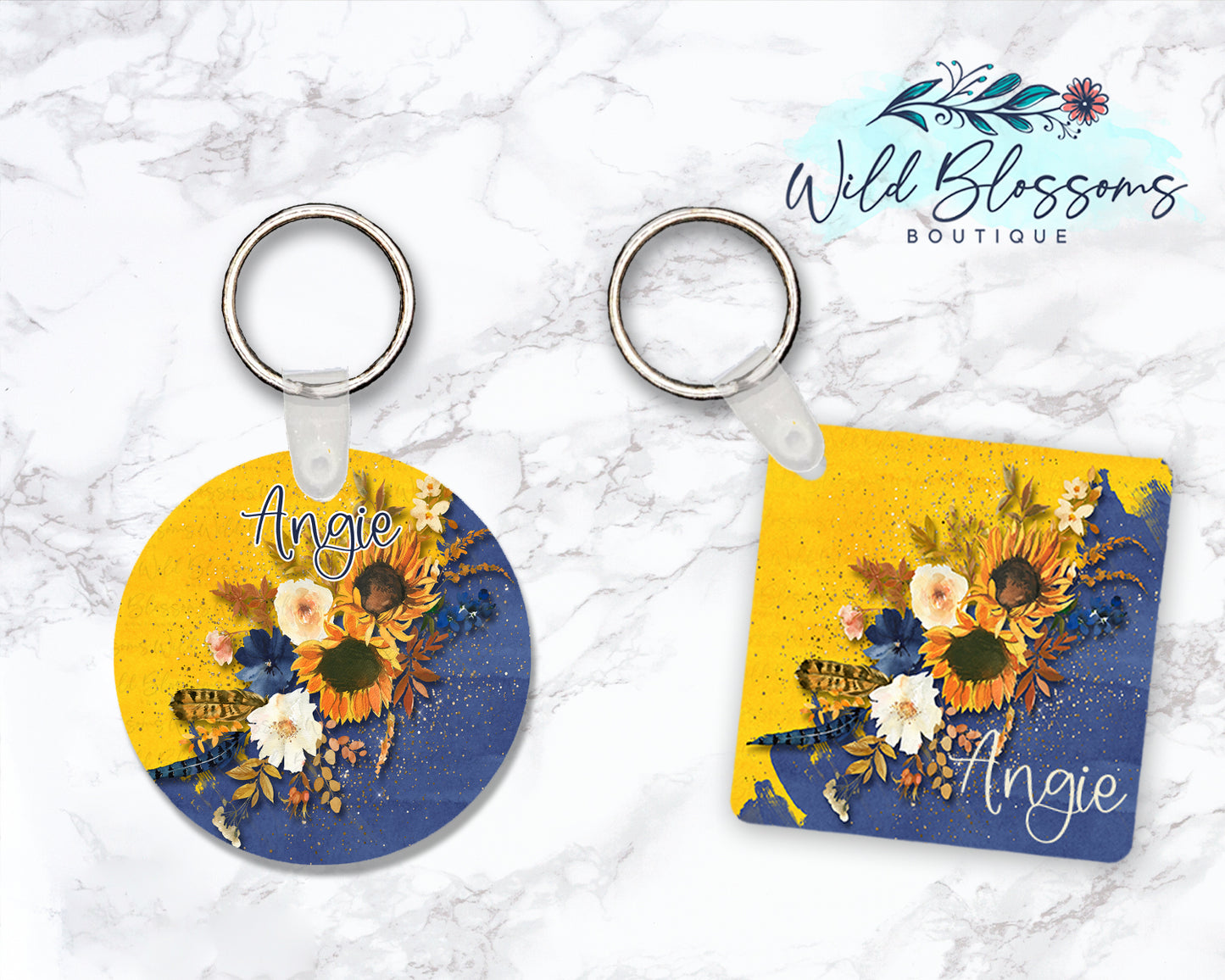 Navy And Yellow Sunflower Floral Personalized Round or Square Keychain