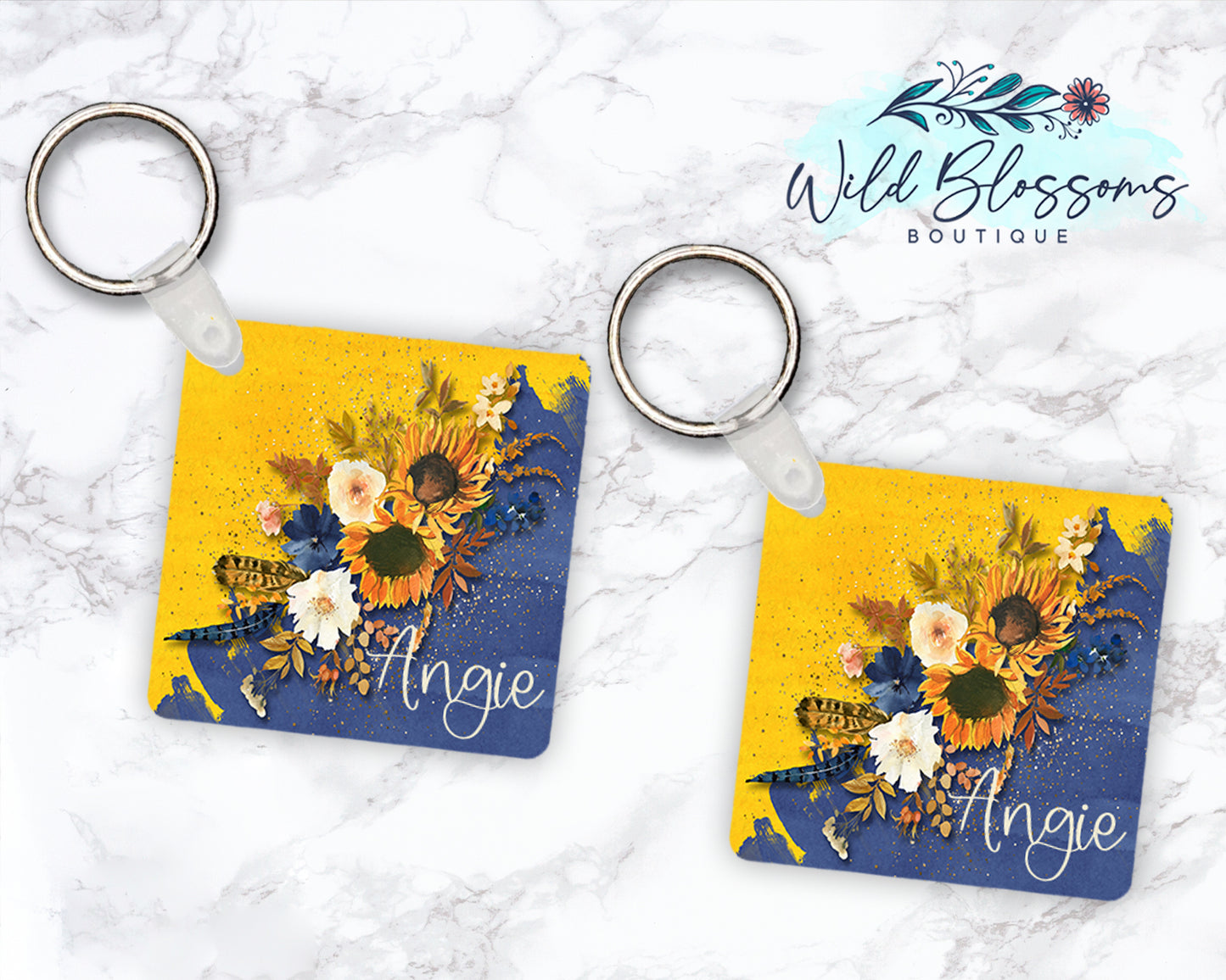 Navy And Yellow Sunflower Floral Personalized Round or Square Keychain
