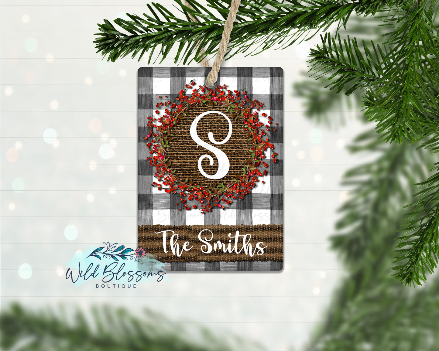 Red Berry Wreath Buffalo Plaid and Burlap Ornament