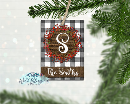 Red Berry Wreath Buffalo Plaid and Burlap Ornament