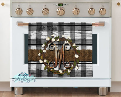Wooden White Buffalo Plaid Burlap and Cotton Wreath Personalized Glass Cutting Board