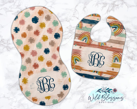 Neutral Polka Dots and Rainbow Baby Bib And Burp Cloth Set